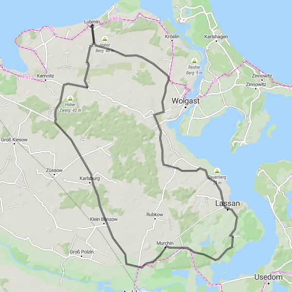 Map miniature of "The Hillside Adventure" cycling inspiration in Mecklenburg-Vorpommern, Germany. Generated by Tarmacs.app cycling route planner