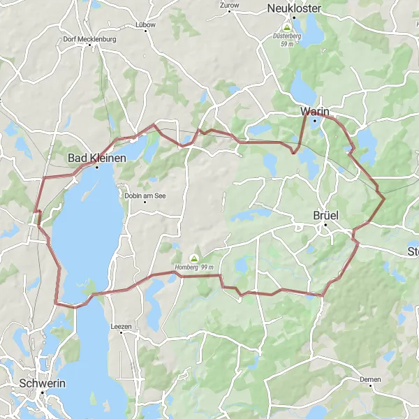 Map miniature of "Lübstorf to Hohen Viecheln and back" cycling inspiration in Mecklenburg-Vorpommern, Germany. Generated by Tarmacs.app cycling route planner