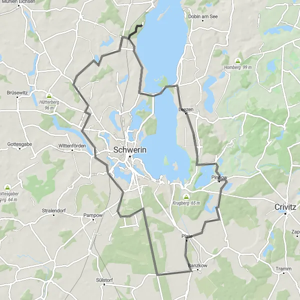 Map miniature of "Lake Exploration near Lübstorf" cycling inspiration in Mecklenburg-Vorpommern, Germany. Generated by Tarmacs.app cycling route planner