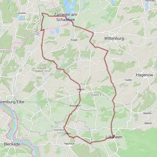 Map miniature of "Lübtheen - Dellien - Gallin - Zarrentin am Schaalsee - Lehsen - Körchow - Pritzier" cycling inspiration in Mecklenburg-Vorpommern, Germany. Generated by Tarmacs.app cycling route planner