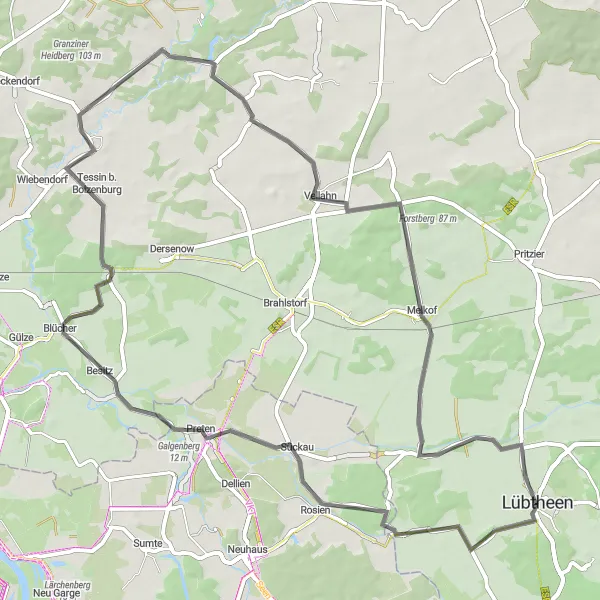Map miniature of "The Sückau Loop" cycling inspiration in Mecklenburg-Vorpommern, Germany. Generated by Tarmacs.app cycling route planner