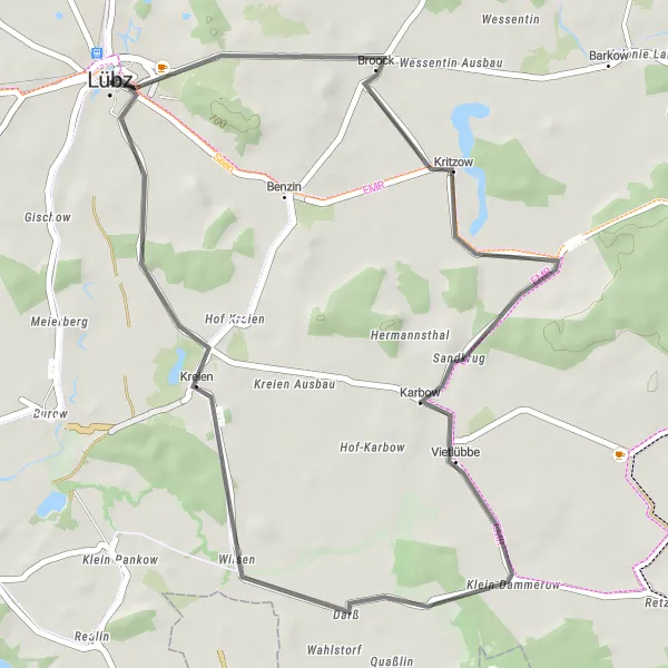 Map miniature of "The Countryside Escape" cycling inspiration in Mecklenburg-Vorpommern, Germany. Generated by Tarmacs.app cycling route planner