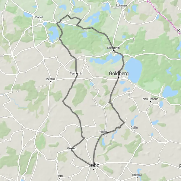 Map miniature of "Looping around the Lakes" cycling inspiration in Mecklenburg-Vorpommern, Germany. Generated by Tarmacs.app cycling route planner