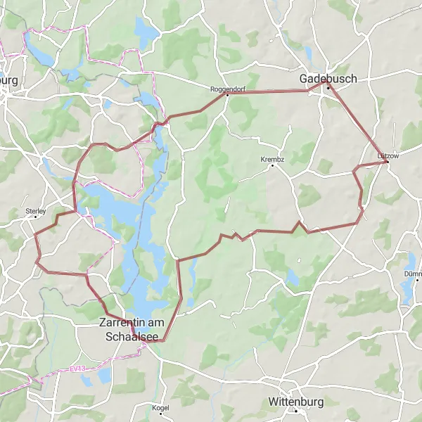 Map miniature of "Lützow to Kittlitz" cycling inspiration in Mecklenburg-Vorpommern, Germany. Generated by Tarmacs.app cycling route planner