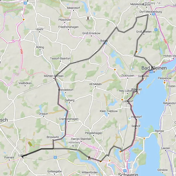Map miniature of "Lützow to Mecklenburg" cycling inspiration in Mecklenburg-Vorpommern, Germany. Generated by Tarmacs.app cycling route planner