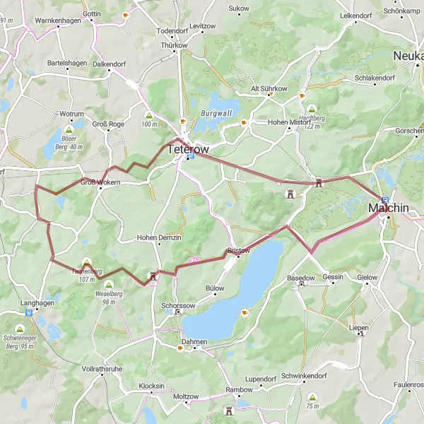 Map miniature of "Malchin Countryside Gravel Loop" cycling inspiration in Mecklenburg-Vorpommern, Germany. Generated by Tarmacs.app cycling route planner