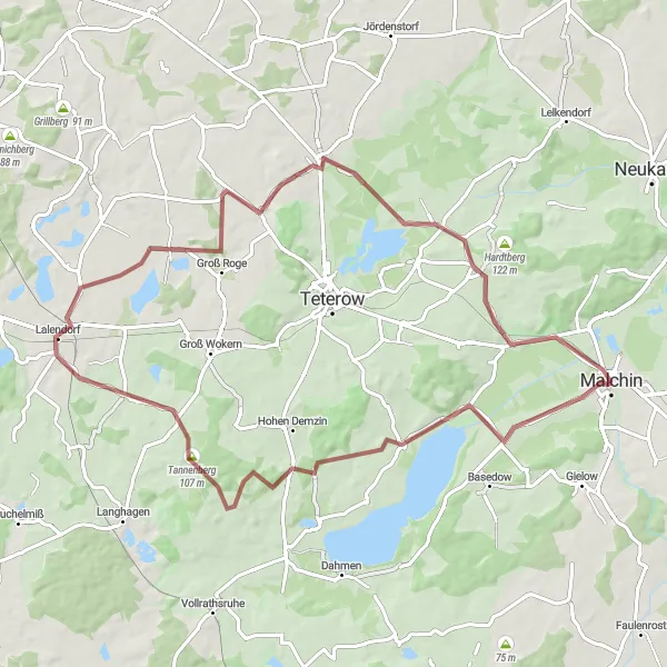 Map miniature of "Rural Charm and Natural Beauty Gravel Route" cycling inspiration in Mecklenburg-Vorpommern, Germany. Generated by Tarmacs.app cycling route planner