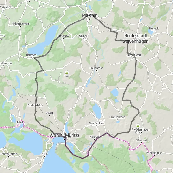 Map miniature of "Lake Müritz Scenic Road Trip" cycling inspiration in Mecklenburg-Vorpommern, Germany. Generated by Tarmacs.app cycling route planner