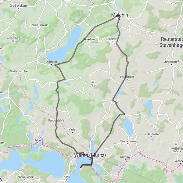 Map miniature of "Malchin Gravel Adventure" cycling inspiration in Mecklenburg-Vorpommern, Germany. Generated by Tarmacs.app cycling route planner