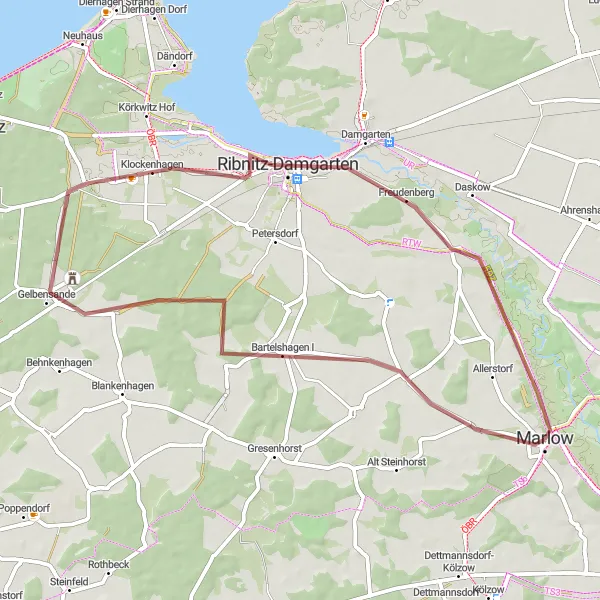 Map miniature of "Marlow - Gelbensande - Ribnitz-Damgarten Round-trip (Gravel)" cycling inspiration in Mecklenburg-Vorpommern, Germany. Generated by Tarmacs.app cycling route planner