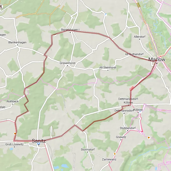 Map miniature of "Gravel Loop through Dettmannsdorf, Sanitz, and Marlow" cycling inspiration in Mecklenburg-Vorpommern, Germany. Generated by Tarmacs.app cycling route planner
