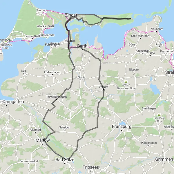 Map miniature of "Scenic Road Cycling Route to Trinwillershagen, Hurissalo, Pramort, Zingst, Küstrow, Kranichbeobachtungsstation, Eixen, Bad Sülze, and Marlow" cycling inspiration in Mecklenburg-Vorpommern, Germany. Generated by Tarmacs.app cycling route planner