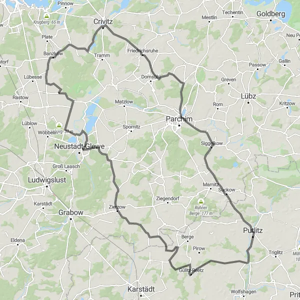 Karten-Miniaturansicht der Radinspiration "Umfangreiche Tour durch Gülitz-Reetz und Blievenstorf" in Mecklenburg-Vorpommern, Germany. Erstellt vom Tarmacs.app-Routenplaner für Radtouren