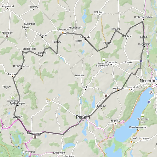 Map miniature of "Rural Road Adventure" cycling inspiration in Mecklenburg-Vorpommern, Germany. Generated by Tarmacs.app cycling route planner