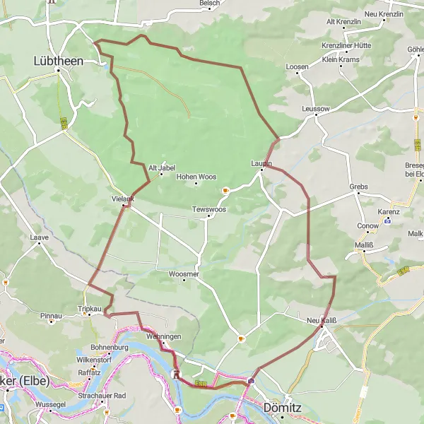 Map miniature of "Gravel Adventure" cycling inspiration in Mecklenburg-Vorpommern, Germany. Generated by Tarmacs.app cycling route planner