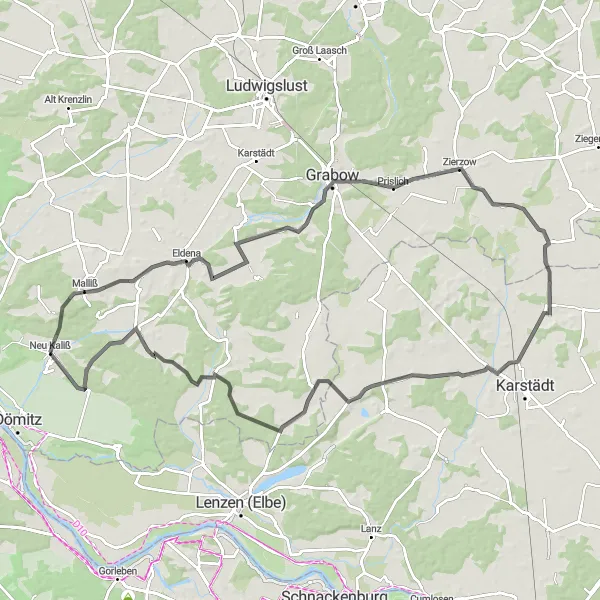 Karten-Miniaturansicht der Radinspiration "Panorama Radweg Malliß - Kaliß" in Mecklenburg-Vorpommern, Germany. Erstellt vom Tarmacs.app-Routenplaner für Radtouren