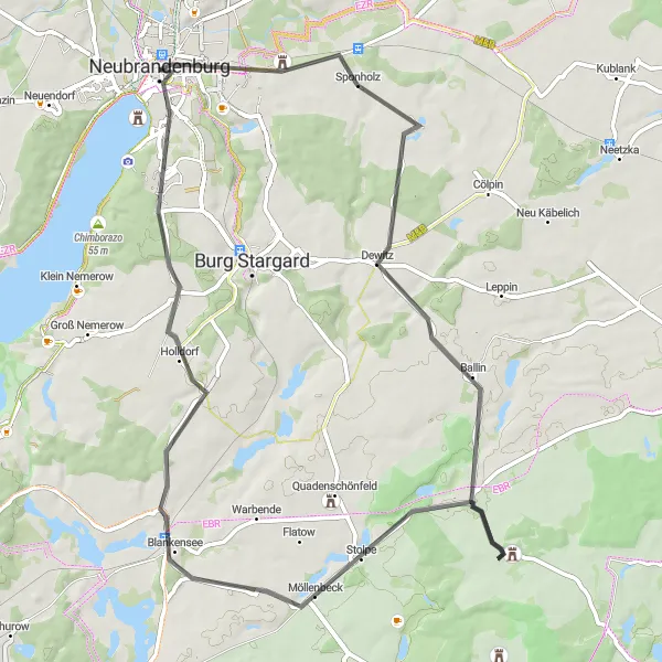 Karten-Miniaturansicht der Radinspiration "Durch die ländliche Idylle um Neubrandenburg" in Mecklenburg-Vorpommern, Germany. Erstellt vom Tarmacs.app-Routenplaner für Radtouren