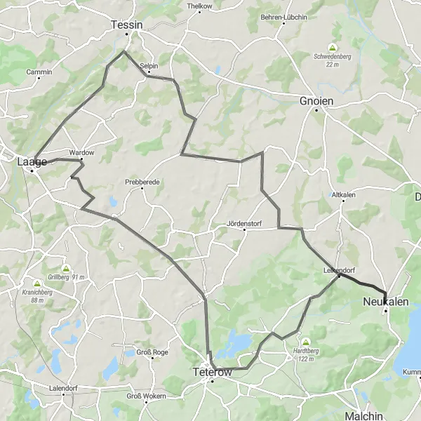 Map miniature of "Neukalen to Lelkendorf Round-Trip" cycling inspiration in Mecklenburg-Vorpommern, Germany. Generated by Tarmacs.app cycling route planner