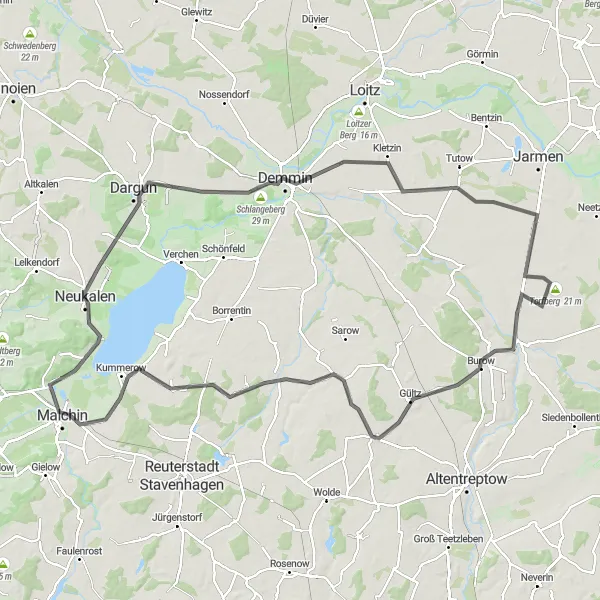 Map miniature of "Hills and History" cycling inspiration in Mecklenburg-Vorpommern, Germany. Generated by Tarmacs.app cycling route planner