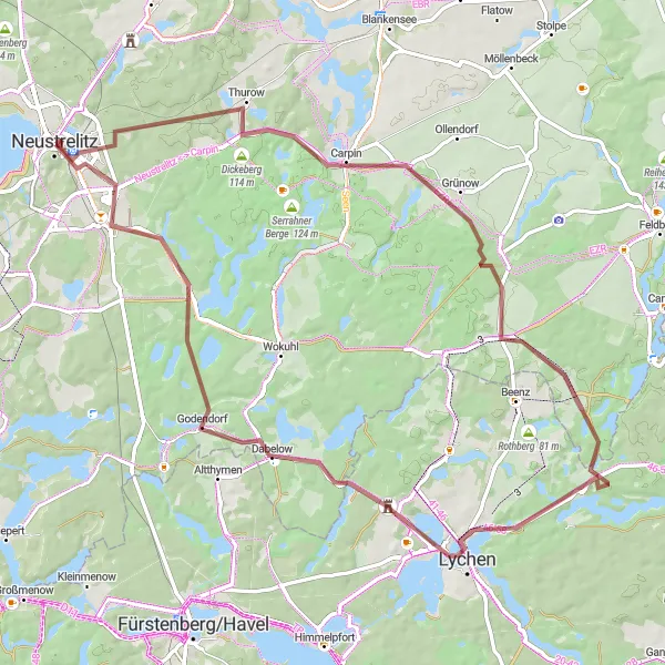 Karten-Miniaturansicht der Radinspiration "Gravel-Tour um Neustrelitz" in Mecklenburg-Vorpommern, Germany. Erstellt vom Tarmacs.app-Routenplaner für Radtouren