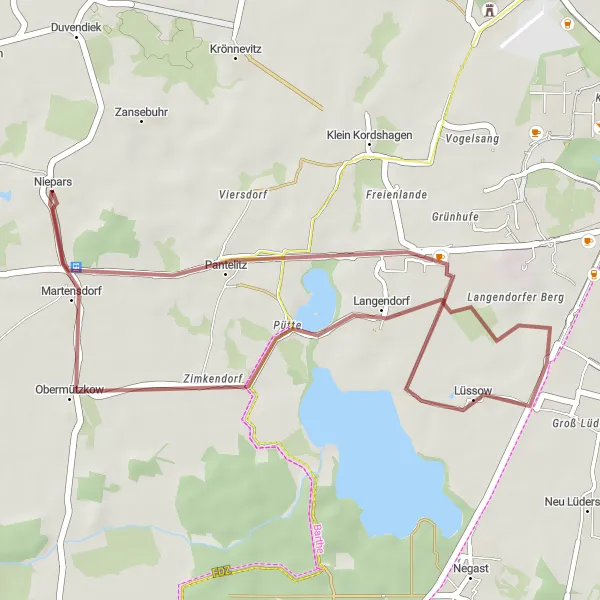 Map miniature of "Lüssow Loop" cycling inspiration in Mecklenburg-Vorpommern, Germany. Generated by Tarmacs.app cycling route planner