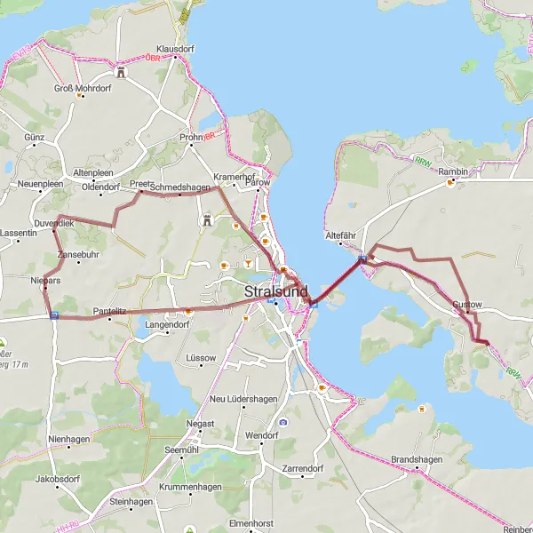 Map miniature of "Gustow Gravel Adventure" cycling inspiration in Mecklenburg-Vorpommern, Germany. Generated by Tarmacs.app cycling route planner