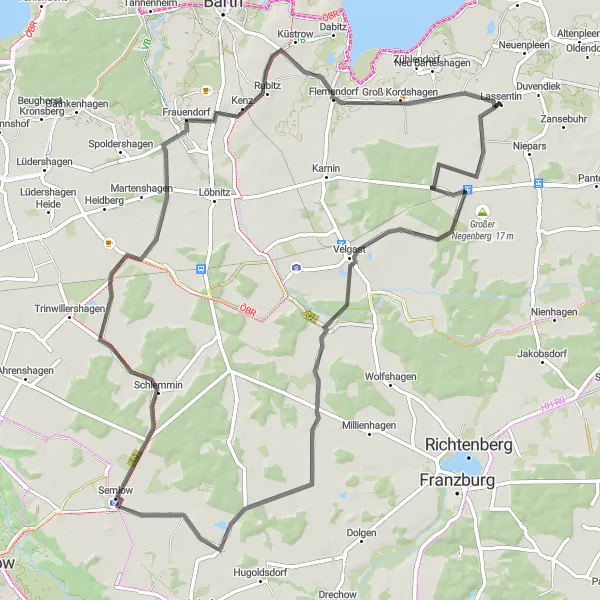 Karten-Miniaturansicht der Radinspiration "Rundfahrt von Niepars über Velgast nach Langenhanshagen" in Mecklenburg-Vorpommern, Germany. Erstellt vom Tarmacs.app-Routenplaner für Radtouren
