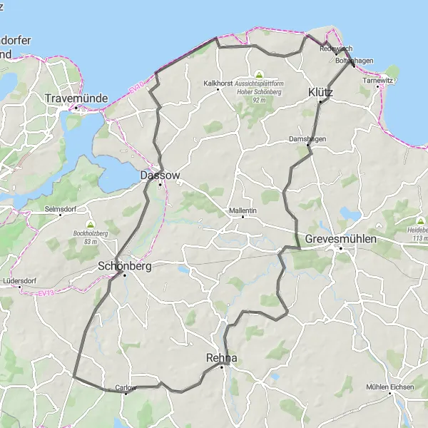 Map miniature of "Rural Beauty and Quaint Villages" cycling inspiration in Mecklenburg-Vorpommern, Germany. Generated by Tarmacs.app cycling route planner