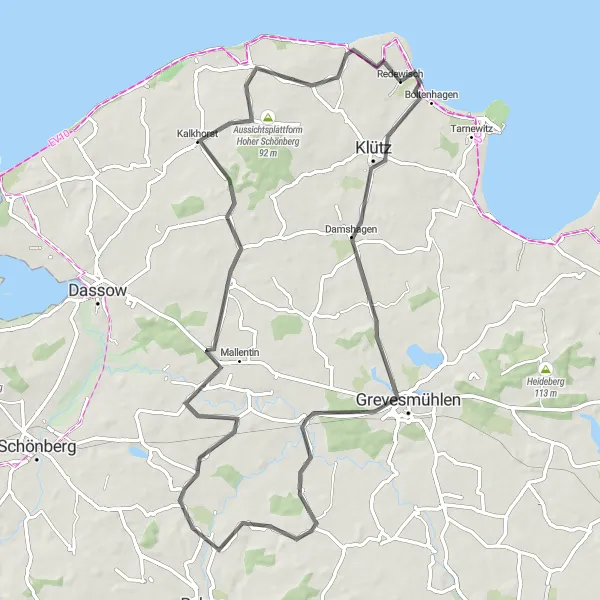 Map miniature of "The Grevesmühlen Circuit" cycling inspiration in Mecklenburg-Vorpommern, Germany. Generated by Tarmacs.app cycling route planner