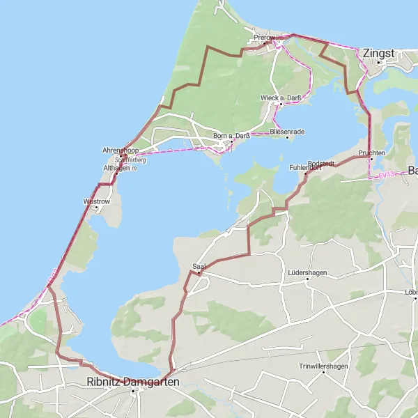 Map miniature of "Idyllic Gravel Ride" cycling inspiration in Mecklenburg-Vorpommern, Germany. Generated by Tarmacs.app cycling route planner