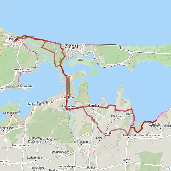 Map miniature of "Riding through Prerow and Remel" cycling inspiration in Mecklenburg-Vorpommern, Germany. Generated by Tarmacs.app cycling route planner