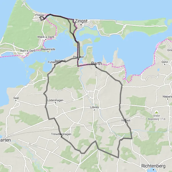 Map miniature of "Challenging Ride to Velgast and Schlemmin" cycling inspiration in Mecklenburg-Vorpommern, Germany. Generated by Tarmacs.app cycling route planner