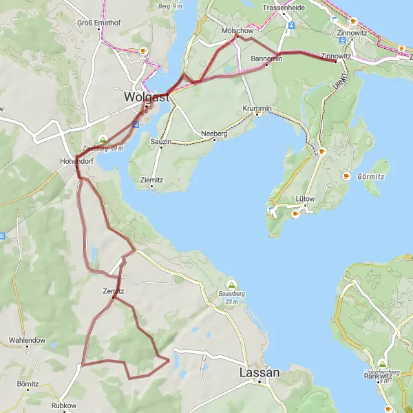 Map miniature of "Scenic Gravel Loop" cycling inspiration in Mecklenburg-Vorpommern, Germany. Generated by Tarmacs.app cycling route planner