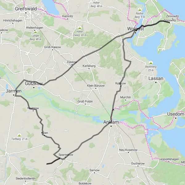 Map miniature of "Zinnowitz to Anklam Loop" cycling inspiration in Mecklenburg-Vorpommern, Germany. Generated by Tarmacs.app cycling route planner
