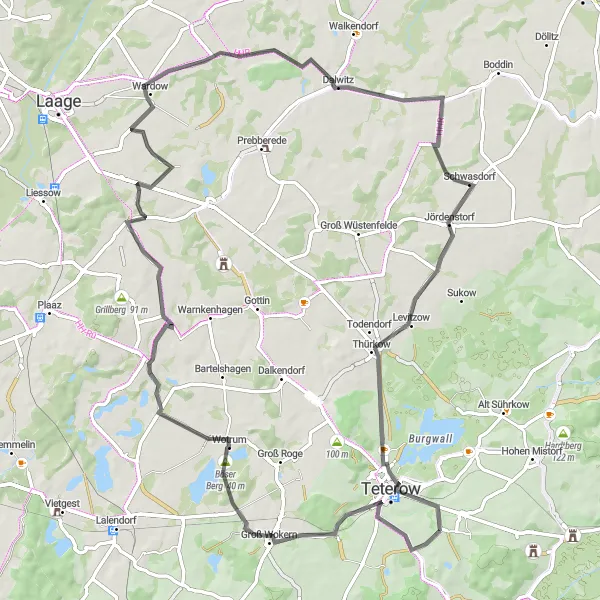 Karten-Miniaturansicht der Radinspiration "Radtour um Groß Wokern und Teterow" in Mecklenburg-Vorpommern, Germany. Erstellt vom Tarmacs.app-Routenplaner für Radtouren