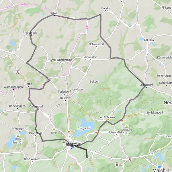 Map miniature of "Pampow to Heidbergen Loop" cycling inspiration in Mecklenburg-Vorpommern, Germany. Generated by Tarmacs.app cycling route planner