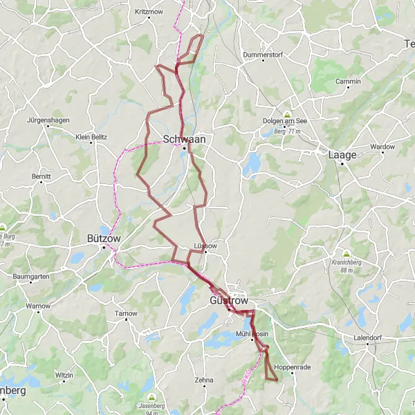 Map miniature of "Schwaan to Pölchow Round Trip" cycling inspiration in Mecklenburg-Vorpommern, Germany. Generated by Tarmacs.app cycling route planner