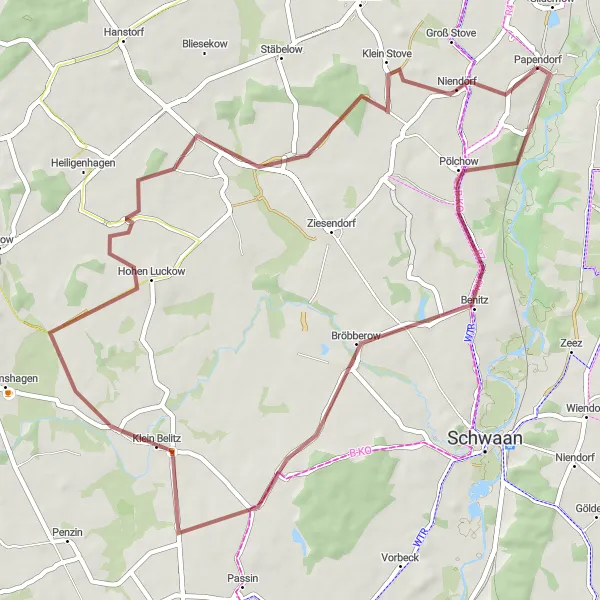 Map miniature of "Off-Road Adventure in Mecklenburg-Vorpommern" cycling inspiration in Mecklenburg-Vorpommern, Germany. Generated by Tarmacs.app cycling route planner