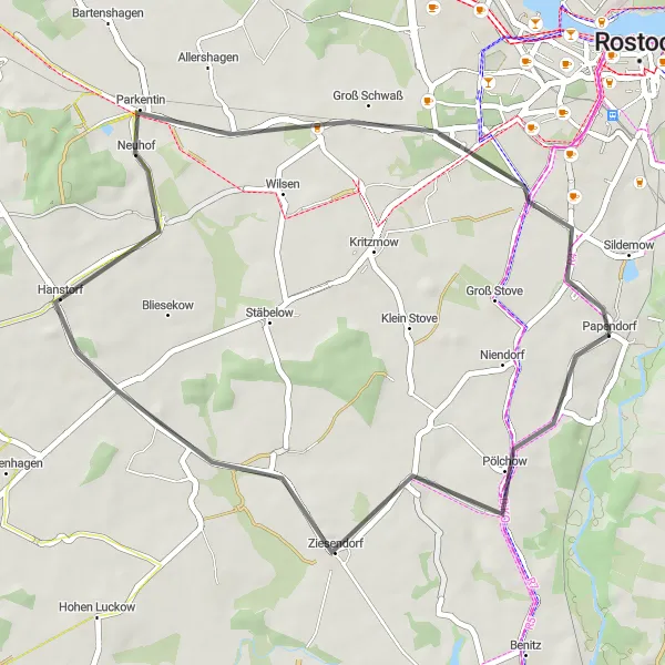 Map miniature of "Ziesendorf to Papendorf Round Trip" cycling inspiration in Mecklenburg-Vorpommern, Germany. Generated by Tarmacs.app cycling route planner