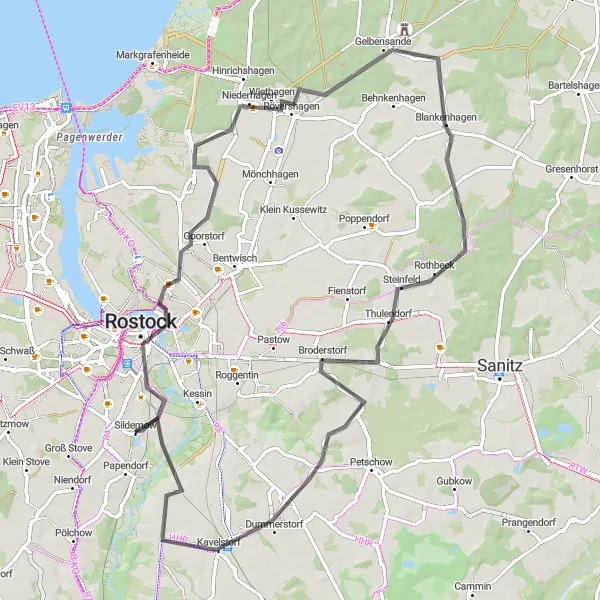 Map miniature of "Scenic Tour of Rostock's Outskirts" cycling inspiration in Mecklenburg-Vorpommern, Germany. Generated by Tarmacs.app cycling route planner