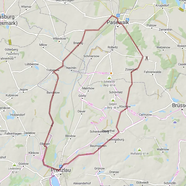 Map miniature of "Gravel Adventure through Pasewalk" cycling inspiration in Mecklenburg-Vorpommern, Germany. Generated by Tarmacs.app cycling route planner