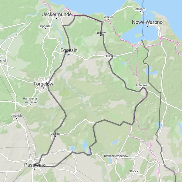 Karten-Miniaturansicht der Radinspiration "Rundtour von Pasewalk nach Ahlbeck und Koblentz" in Mecklenburg-Vorpommern, Germany. Erstellt vom Tarmacs.app-Routenplaner für Radtouren