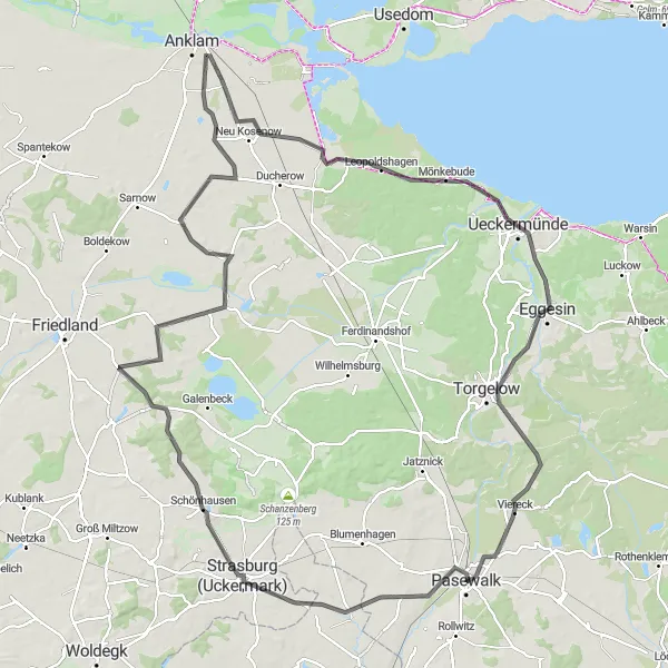 Map miniature of "Pasewalk Countryside Journey by Road" cycling inspiration in Mecklenburg-Vorpommern, Germany. Generated by Tarmacs.app cycling route planner