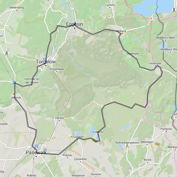 Map miniature of "Road Cycling Exploration near Pasewalk" cycling inspiration in Mecklenburg-Vorpommern, Germany. Generated by Tarmacs.app cycling route planner