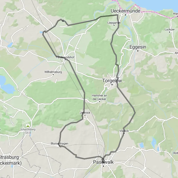 Map miniature of "Pasewalk and Beyond" cycling inspiration in Mecklenburg-Vorpommern, Germany. Generated by Tarmacs.app cycling route planner