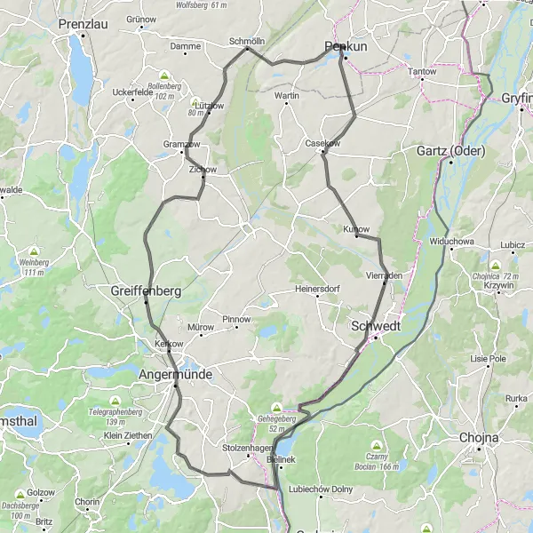 Karten-Miniaturansicht der Radinspiration "Große Straßenradtour um Penkun" in Mecklenburg-Vorpommern, Germany. Erstellt vom Tarmacs.app-Routenplaner für Radtouren