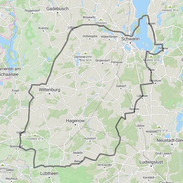 Karten-Miniaturansicht der Radinspiration "Rund um Pinnow und den Pinnower See" in Mecklenburg-Vorpommern, Germany. Erstellt vom Tarmacs.app-Routenplaner für Radtouren