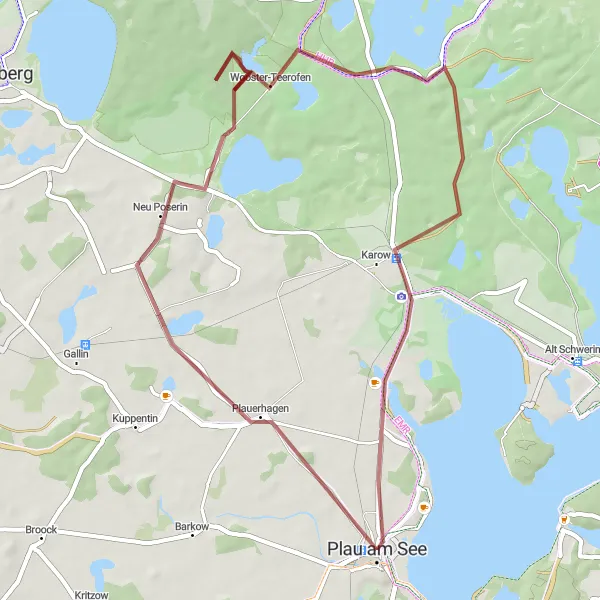 Map miniature of "Scenic Lakeside Gravel Loop" cycling inspiration in Mecklenburg-Vorpommern, Germany. Generated by Tarmacs.app cycling route planner