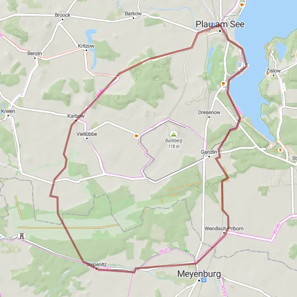 Map miniature of "The Lakes and Meadows Gravel Loop" cycling inspiration in Mecklenburg-Vorpommern, Germany. Generated by Tarmacs.app cycling route planner