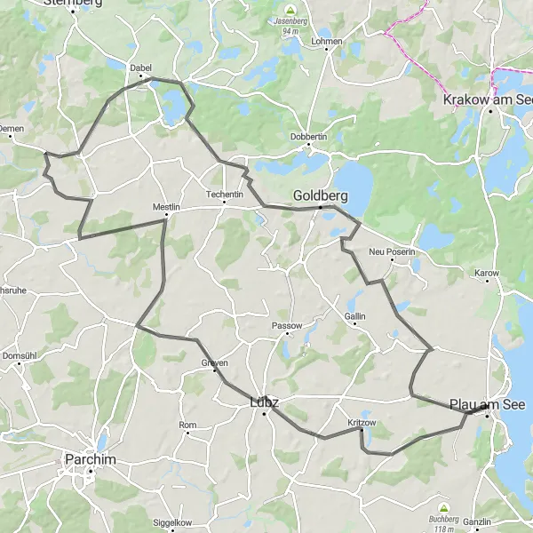 Karten-Miniaturansicht der Radinspiration "Seen und Wälder Rundtour" in Mecklenburg-Vorpommern, Germany. Erstellt vom Tarmacs.app-Routenplaner für Radtouren